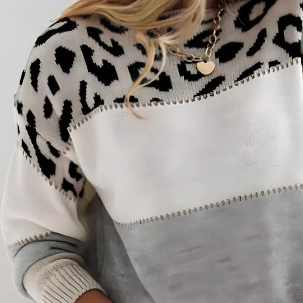 Viola Colour-Block Leopard Print Women's Knitted Jumper