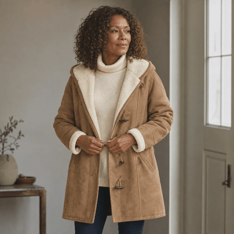 Women's Faux Shearling-Lined Hooded Duffle Coat with Hip-Length Fit