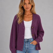 Chunky Ribbed Knit Button-Front V-Neck Women's Cardigan Jumper
