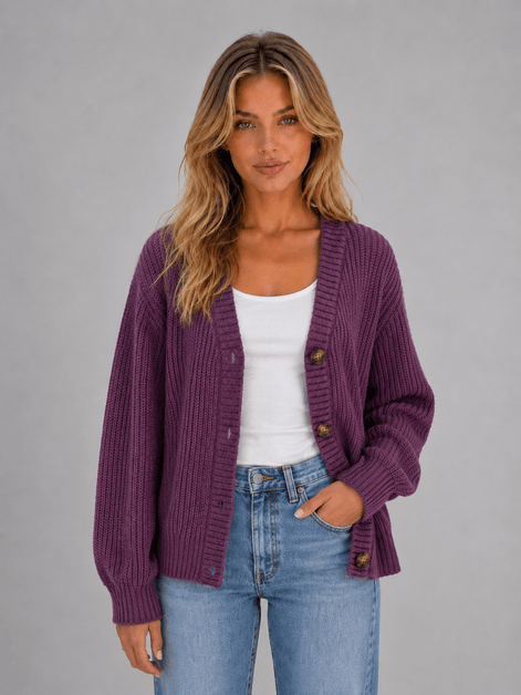 Chunky Ribbed Knit Button-Front V-Neck Women's Cardigan Jumper