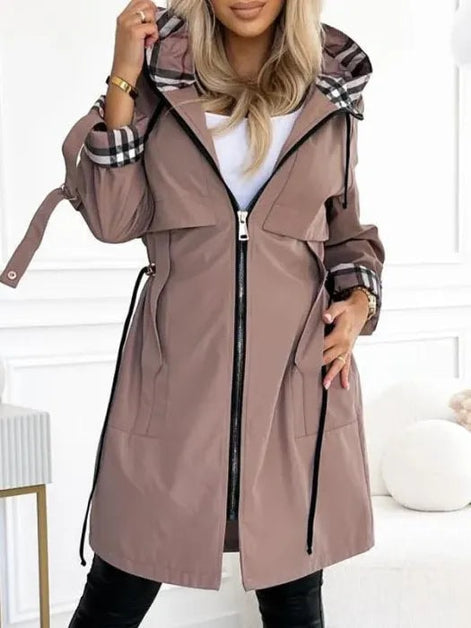 Ainsley Women's Hooded Zip-Up Longline Winter Coat with Check Lining