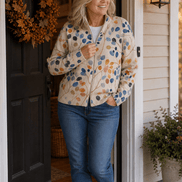 Botanical Print Zip-Up Knit Cardigan with Ribbed Trim
