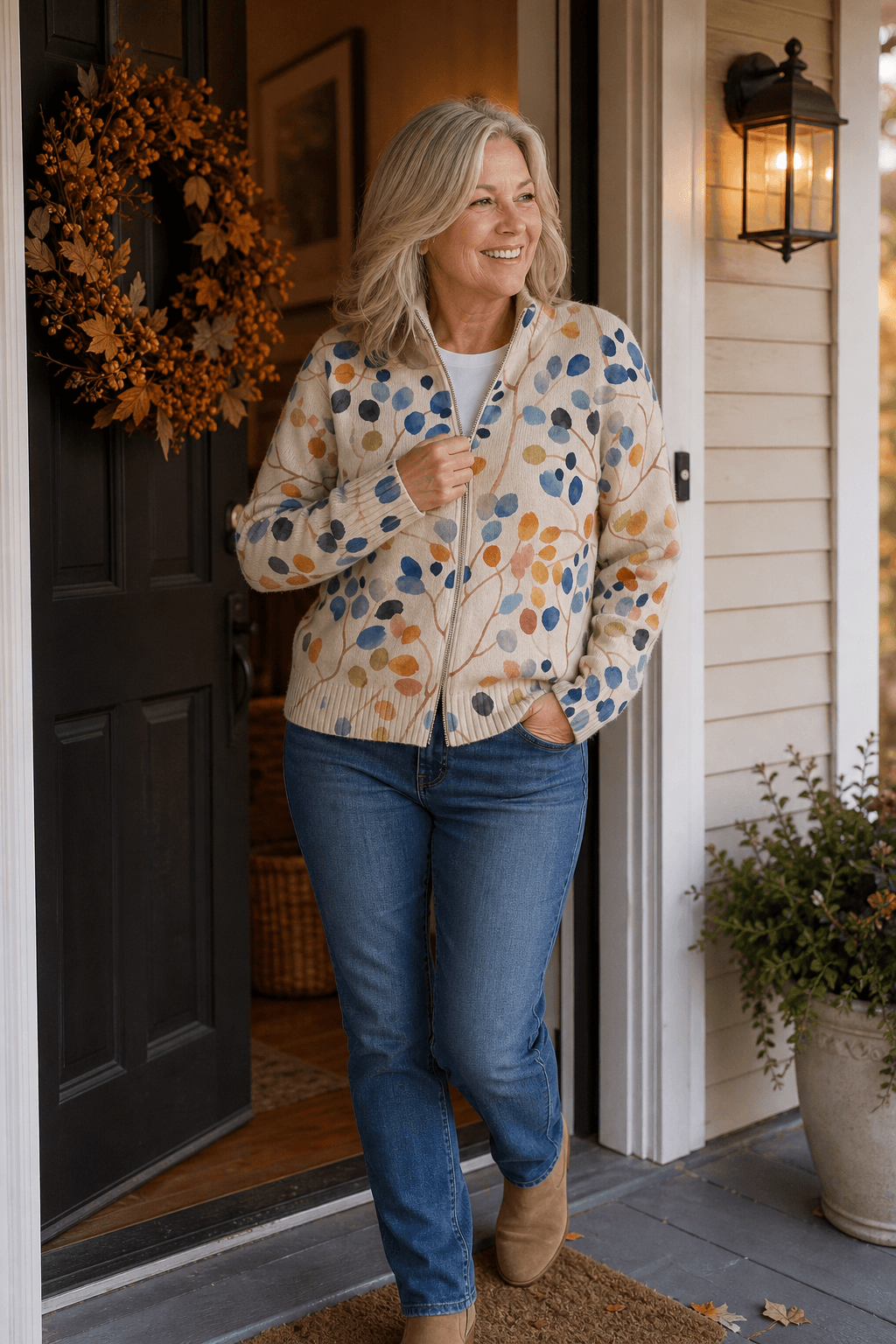Botanical Print Zip-Up Knit Cardigan with Ribbed Trim