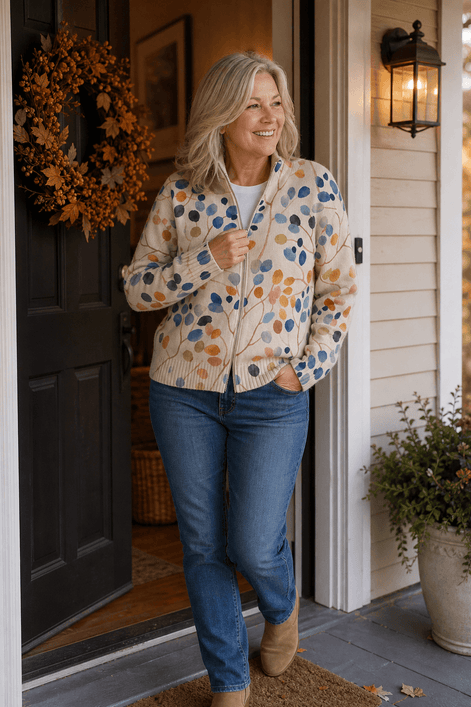 Botanical Print Zip-Up Knit Cardigan with Ribbed Trim