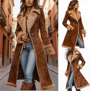 Claire Shearling-Trim Longline Suede Coat with Faux Fur Collar