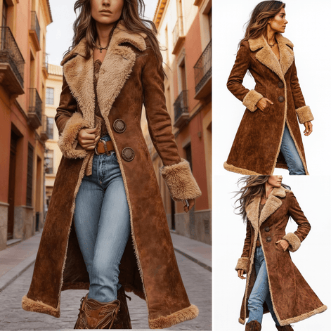 Claire Shearling-Trim Longline Suede Coat with Faux Fur Collar