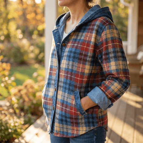 Weslyn Plaid Hooded Shacket with Denim Trim