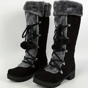 Faux Suede Knee-High Winter Boots for Women with Faux Fur Trim and Lace-Up Detail