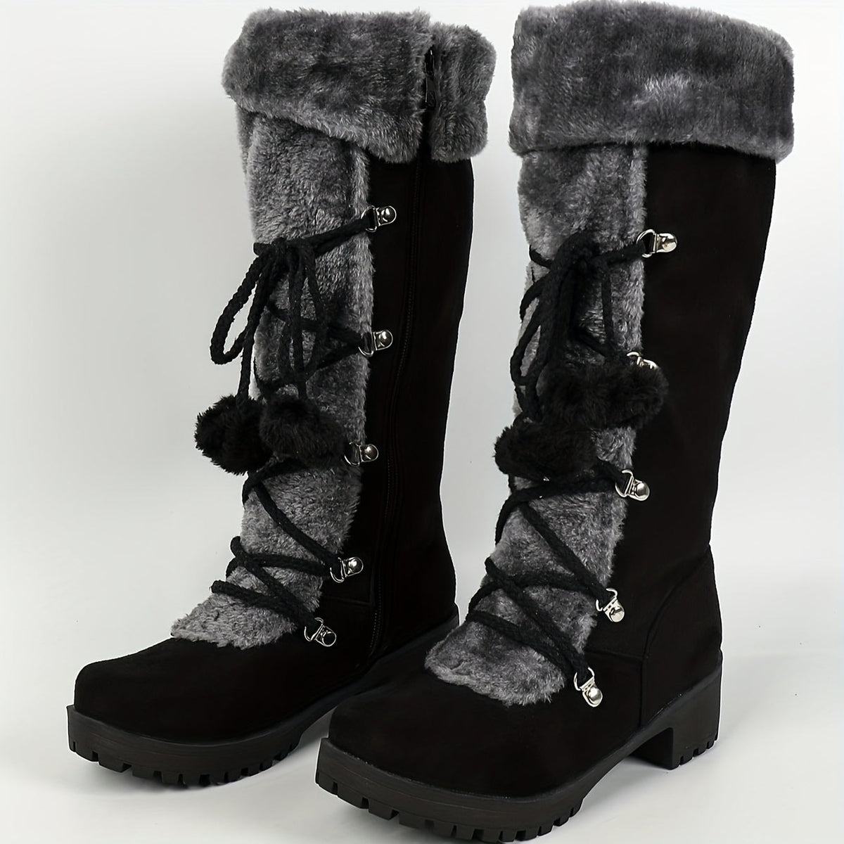 Faux Suede Knee-High Winter Boots for Women with Faux Fur Trim and Lace-Up Detail