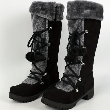 Faux Suede Knee-High Winter Boots for Women with Faux Fur Trim and Lace-Up Detail