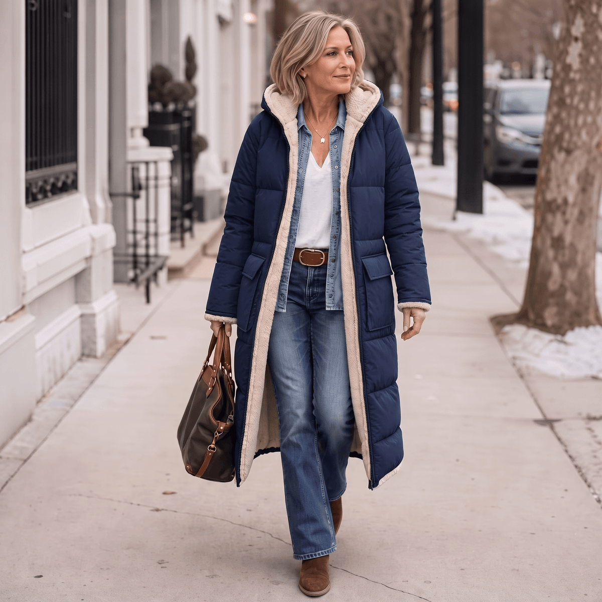 Women's Reversible Quilted Longline Winter Coat with Sherpa Trim