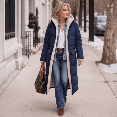 Women's Reversible Quilted Longline Winter Coat with Sherpa Trim