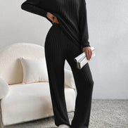 Women's Ribbed V-Neck Top and Trousers Two Piece Set