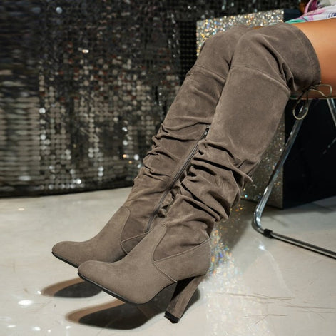 Women's Slouchy Suede-Effect Over-the-Knee Boots with Block Heel