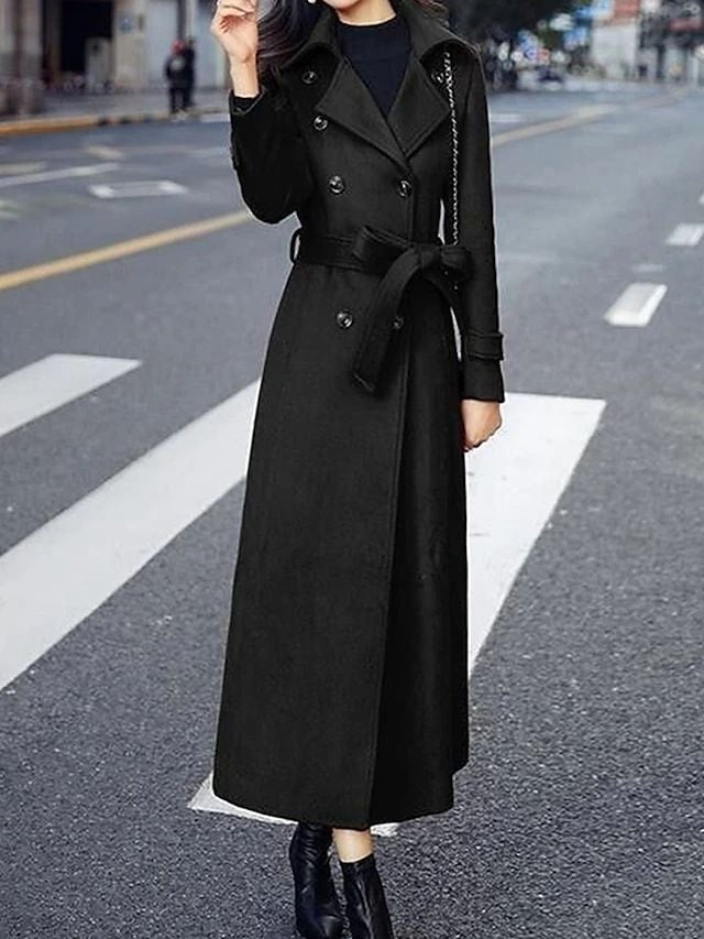 Elora Belted Shawl Collar Long Wool-Blend Coat with Button Front