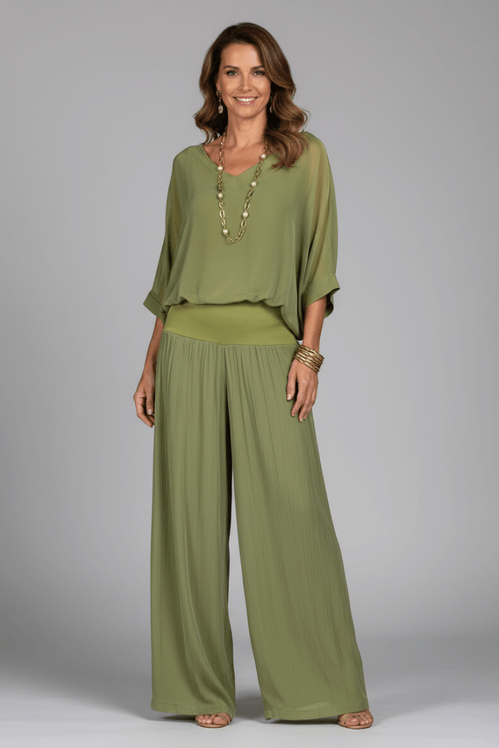 Natalie Wide-Leg Chiffon Co-ord Set with Draped Top