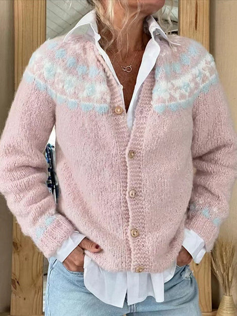 Women's Fair Isle Knitted Button-Up Cardigan with Pastel Pattern