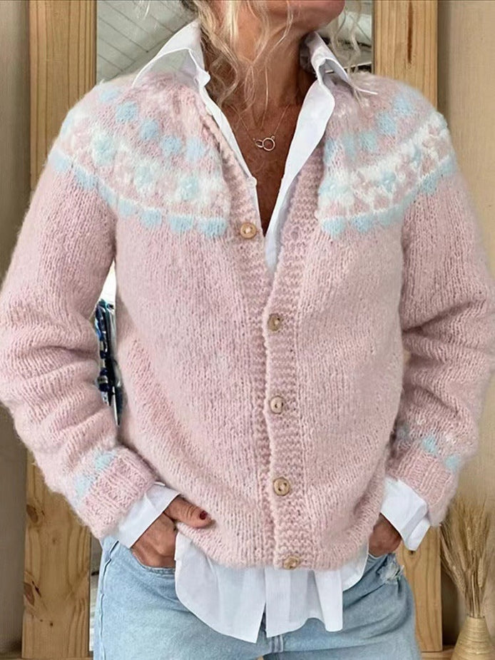 Women's Fair Isle Knitted Button-Up Cardigan with Pastel Pattern
