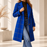 Women's Checkered Knee-Length Coat with Two-Button Front and Drop Shoulders
