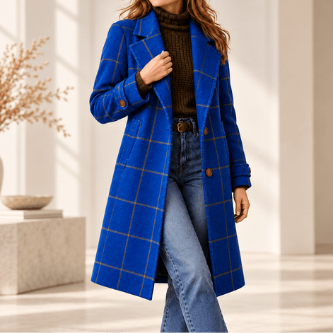 Women's Checkered Knee-Length Coat with Two-Button Front and Drop Shoulders