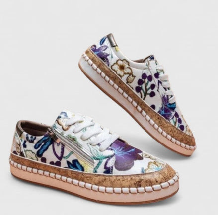 Olisette Floral Embroidered Textile Women's Comfort Shoes with Zip Detail