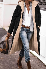 Women's Long Polyester Coat with Teddy Fleece Lining and Hood
