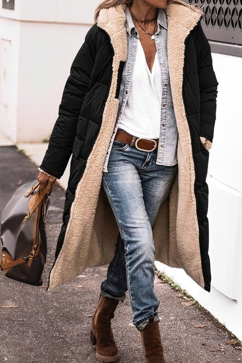 Women's Long Polyester Coat with Teddy Fleece Lining and Hood