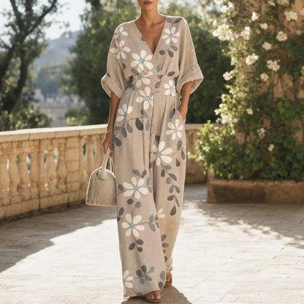 Floral Print Wide-Leg Jumpsuit with Cinched Waist and Pockets