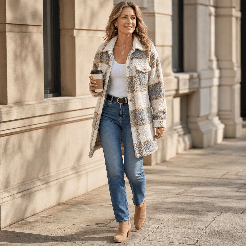 Fairloch Plaid Sherpa-Lined Mid-Length Coat with Button Front