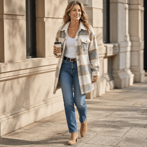 Fairloch Plaid Sherpa-Lined Mid-Length Coat with Button Front