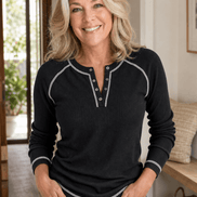 Women's Waffle Knit Henley Top with Button Placket