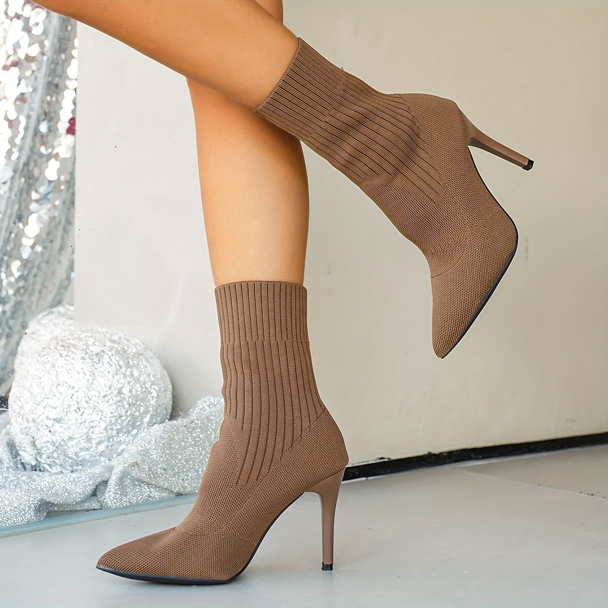 Women's Ribbed Knit Ankle Boots with Pointed Toe and Stiletto Heel