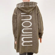 Audrey Hooded Longline Women's Knitted Cardigan with Striped Trim
