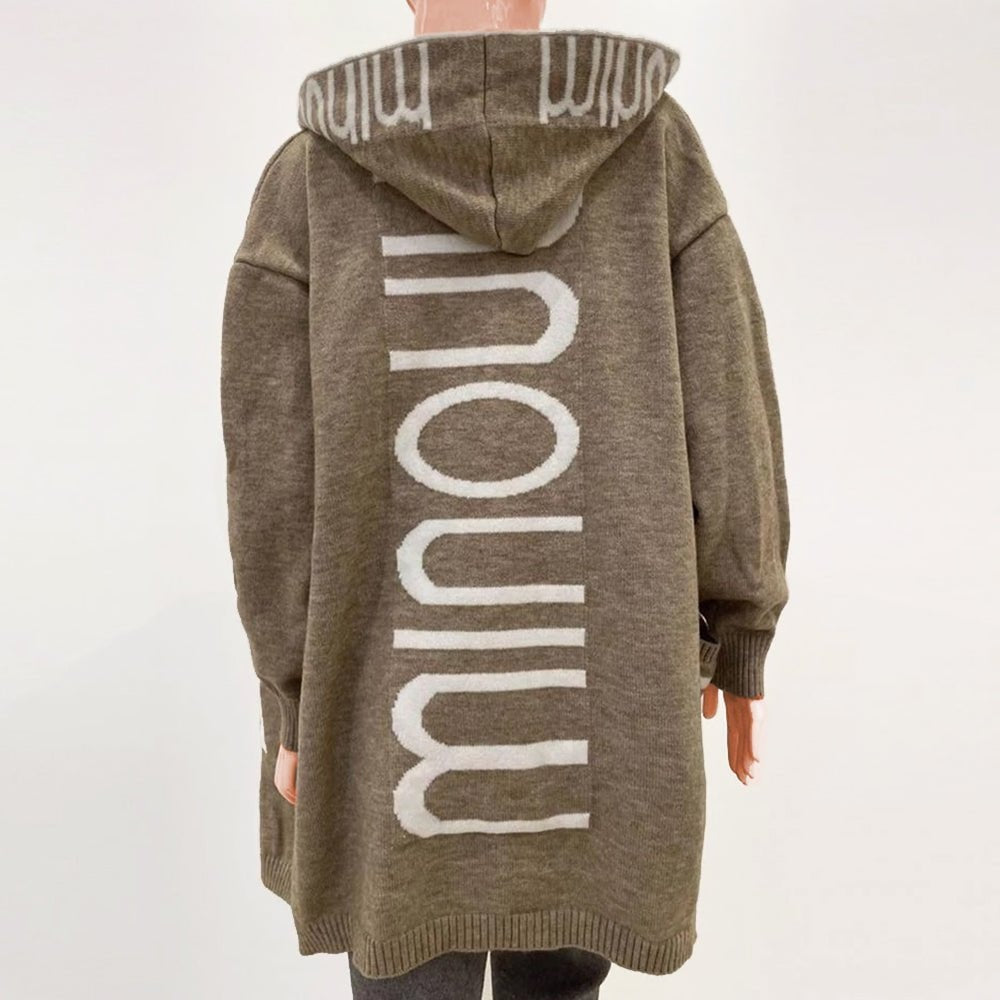 Audrey Hooded Longline Women's Knitted Cardigan with Striped Trim