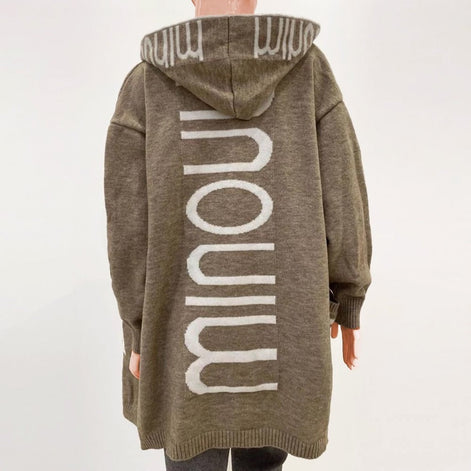 Audrey Hooded Longline Women's Knitted Cardigan with Striped Trim