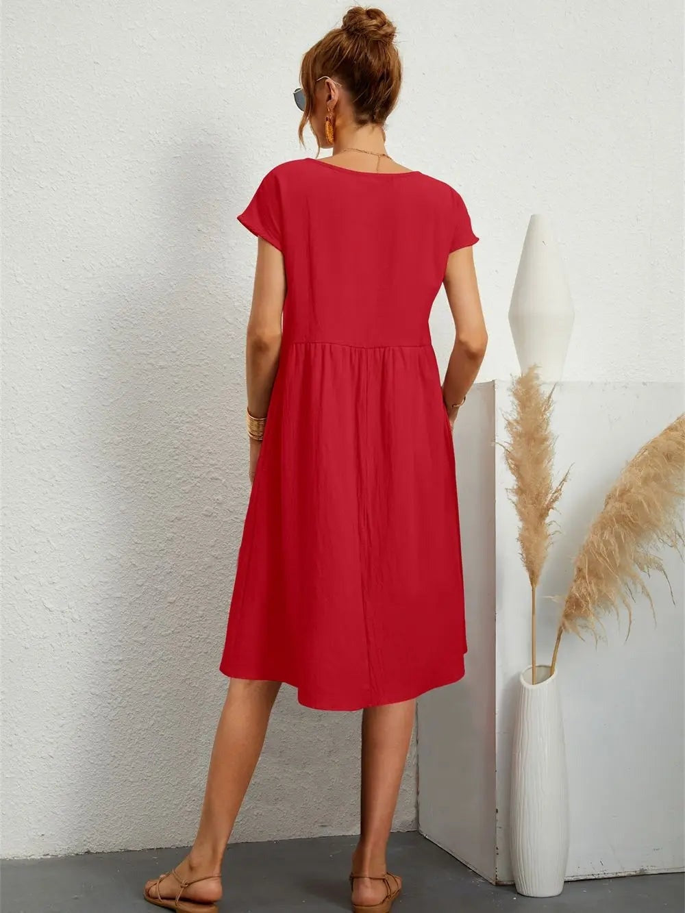 Women's Cotton Blend Christmas Party Shift Midi Dress with Pockets
