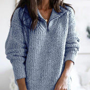 Women's Half-Zip Textured Knitted Jumper with Stand Collar