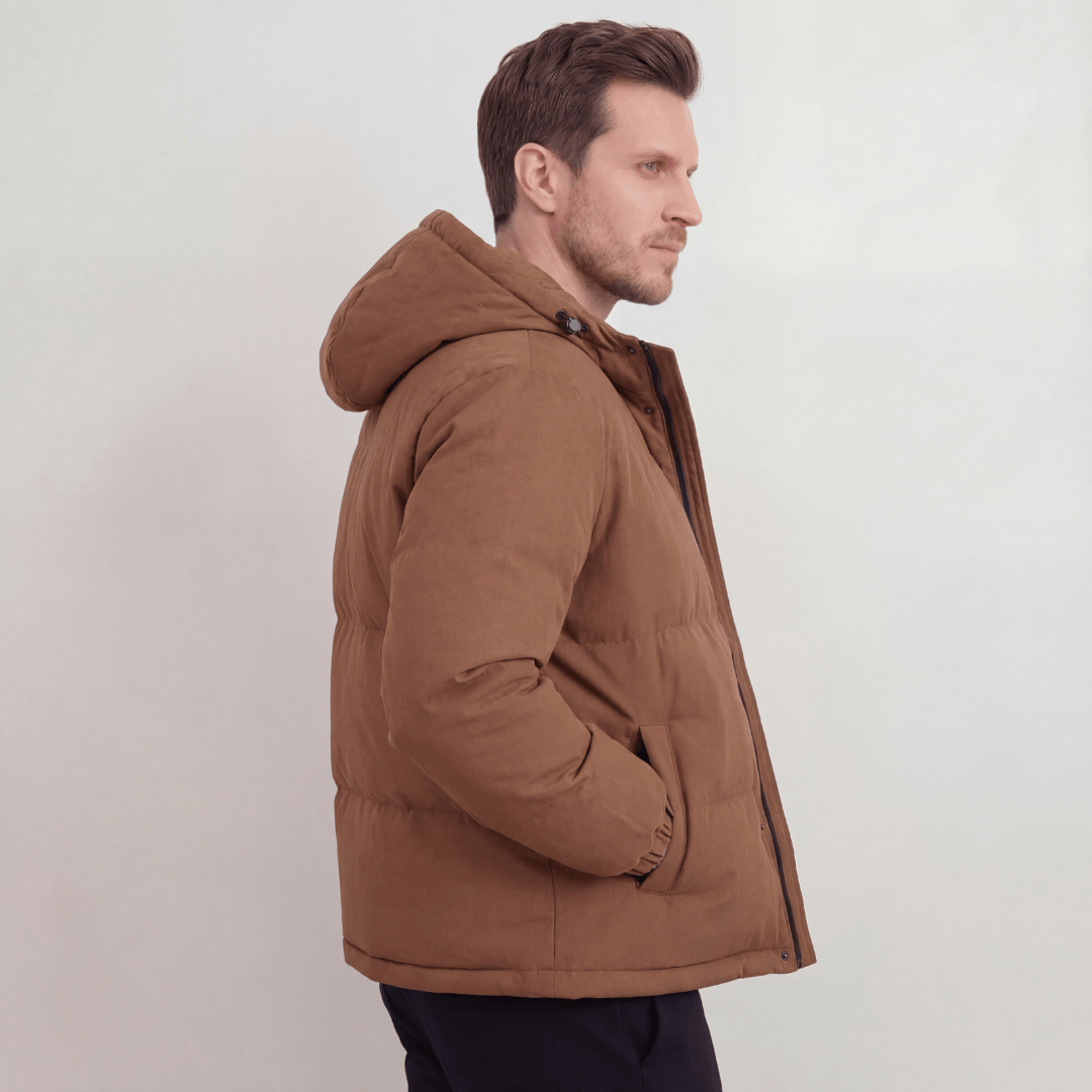 Men's Hooded Puffer Jacket with Adjustable Hood and Zip Closure
