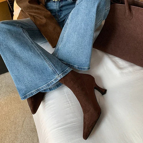 Doris Pointed-Toe Sock Boots with Kitten Heel in Suede-Effect Fabric