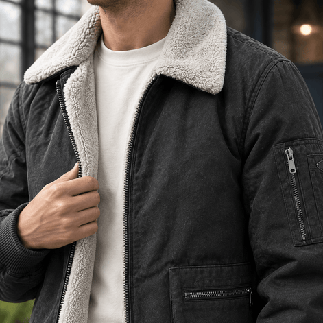 Men's Sherpa-Lined Cotton Jacket with Full Zip Closure