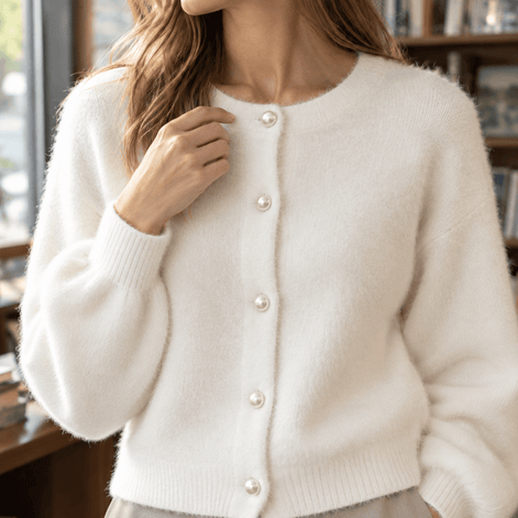 Oriane-Claire Fuzzy Knitted Cardigan for Women with Pearl Buttons