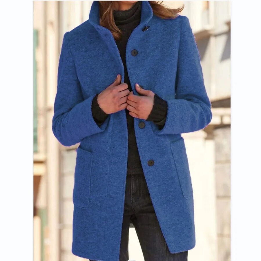 Drune Collared Wool Blend Winter Coat with Button Front for Women
