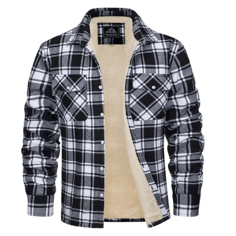 Men's Sherpa-Lined Plaid Flannel Shirt Jacket with Button Pockets