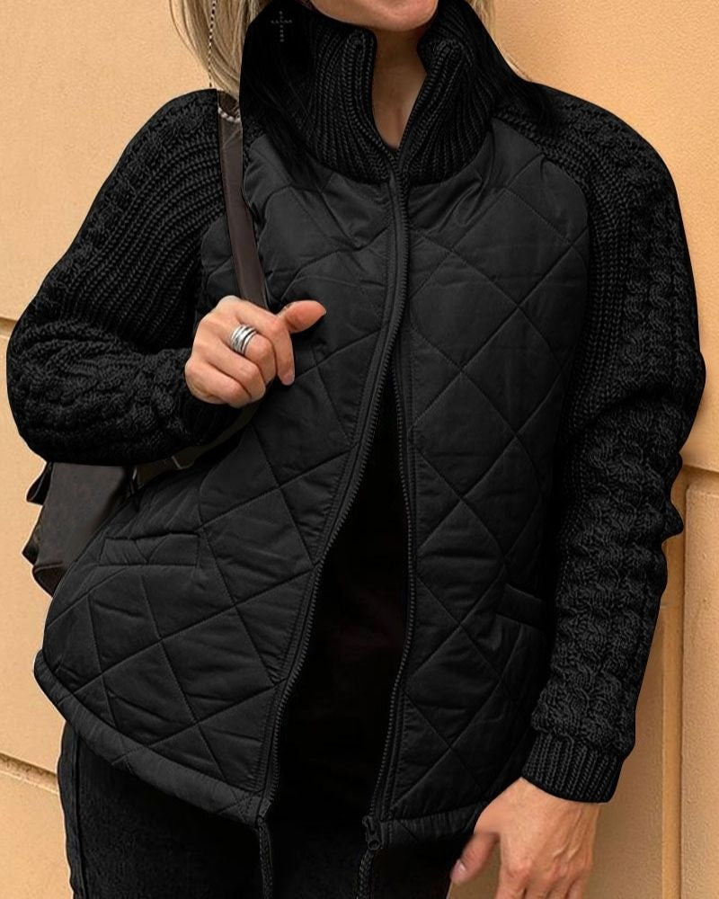 Quilted Puffer Jacket with Knitted Sleeves for Women