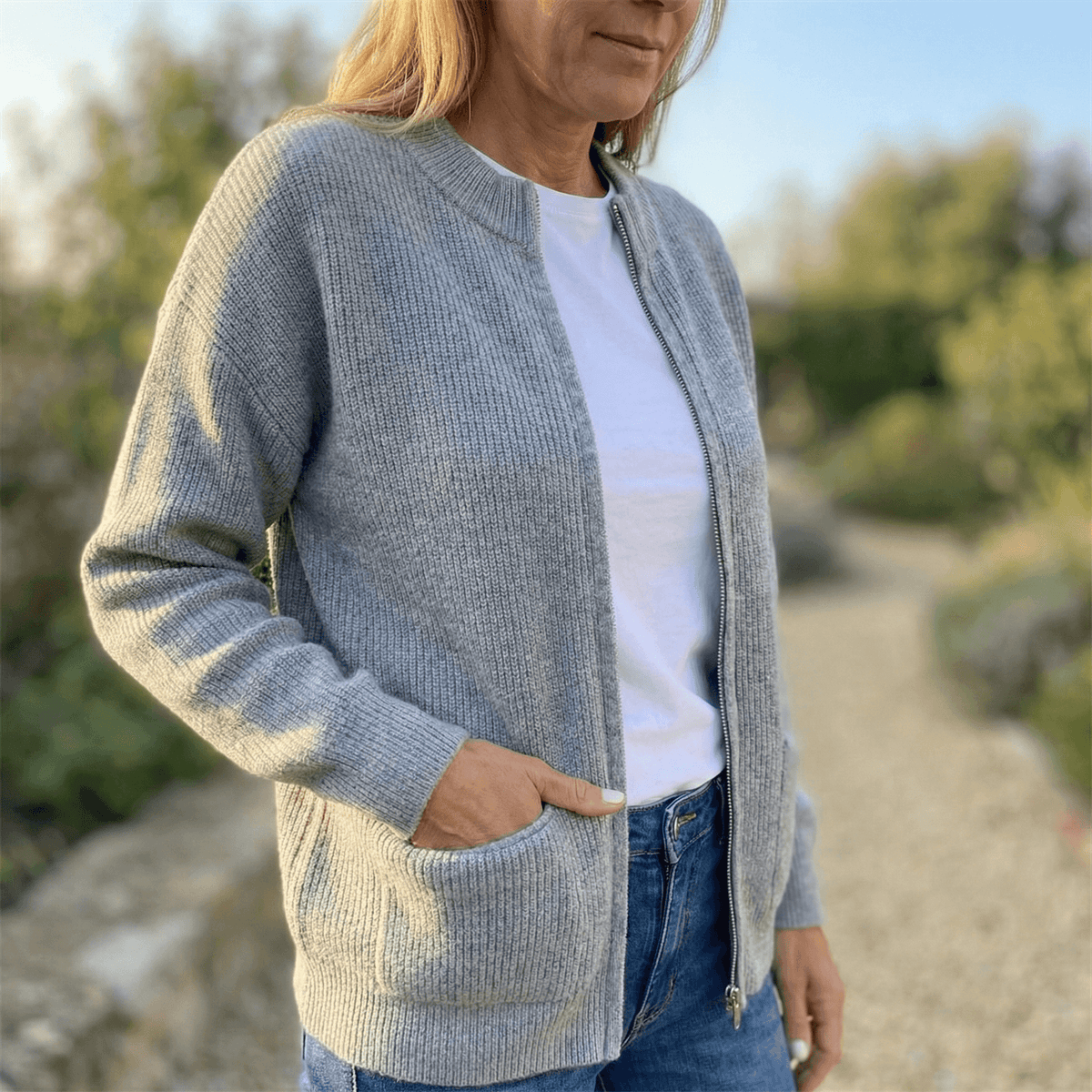 Covena Ribbed Zip-Up Knitted Cardigan with Pockets for Women