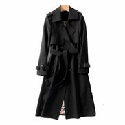 Women's Double-Breasted Belted Longline Polyester Trench Coat with Plaid Lining