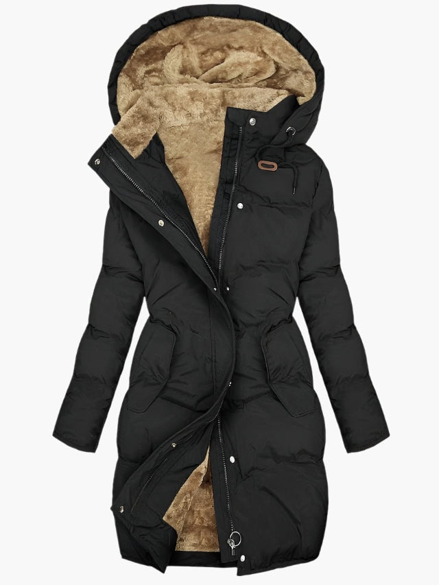 Women's Faux Fur Hooded Padded Long Coat with Drawstring Waist
