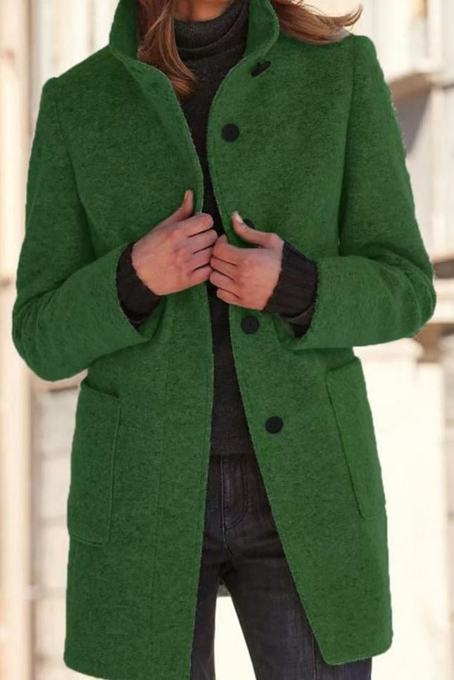 Women's Stand Collar Wool-Blend Winter Coat with Button Front