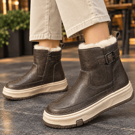 Imola-Milano Women's Plush-Lined Leather Platform Winter Boots with Buckle Strap