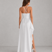 Draped Satin High-Slit Christmas Party Maxi Dress with Ruched Waist